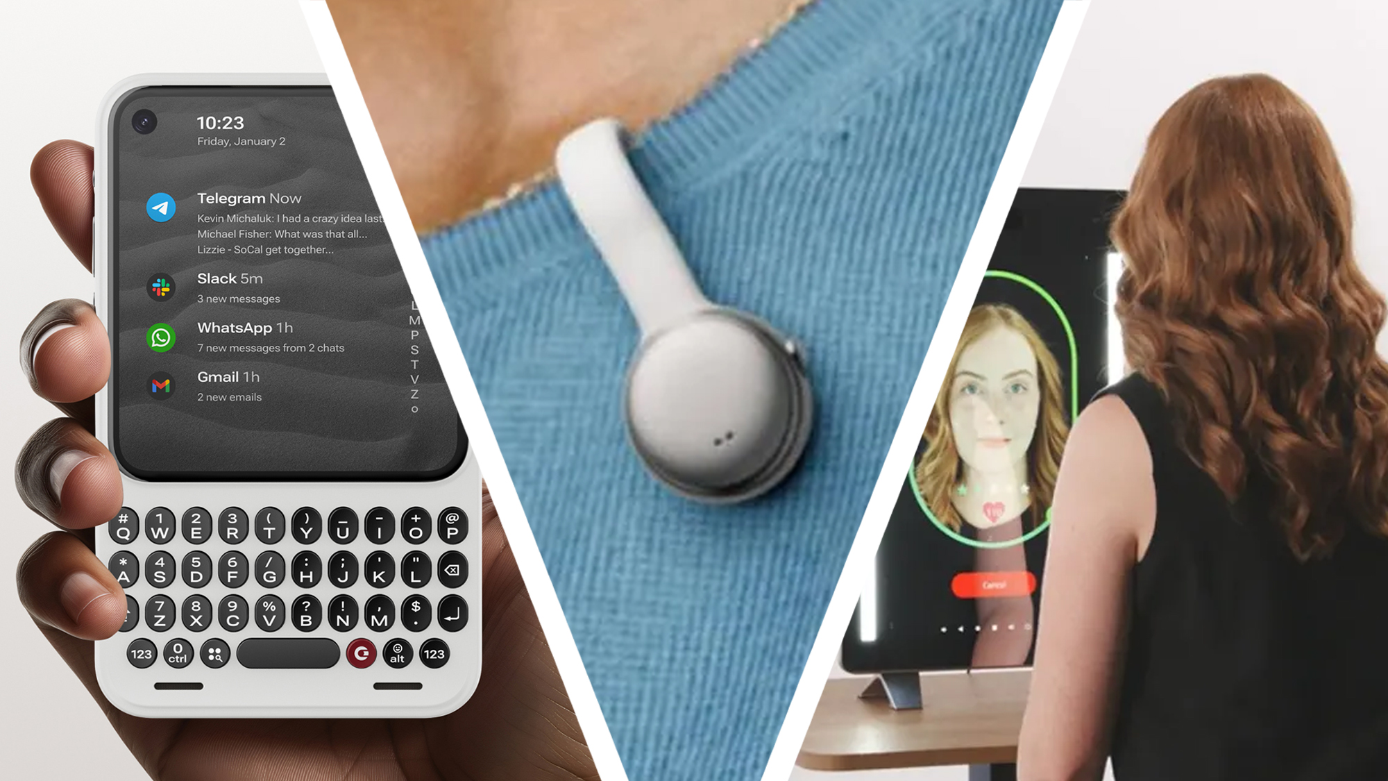 A hand holding the Clicks Communicator next to a SwitchBot AI Mindclip clipped to a jumper, next to a woman looking in a Nuralogix smart mirror.