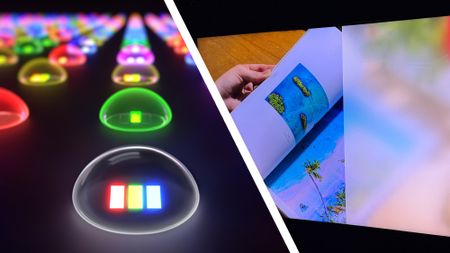 An illustration of RGB LED on the left, showing individual red, green, blue elements of an LED light; on the right, a TV showing a demonstration of the RGB backlighting and how it resembles the final image on a screen