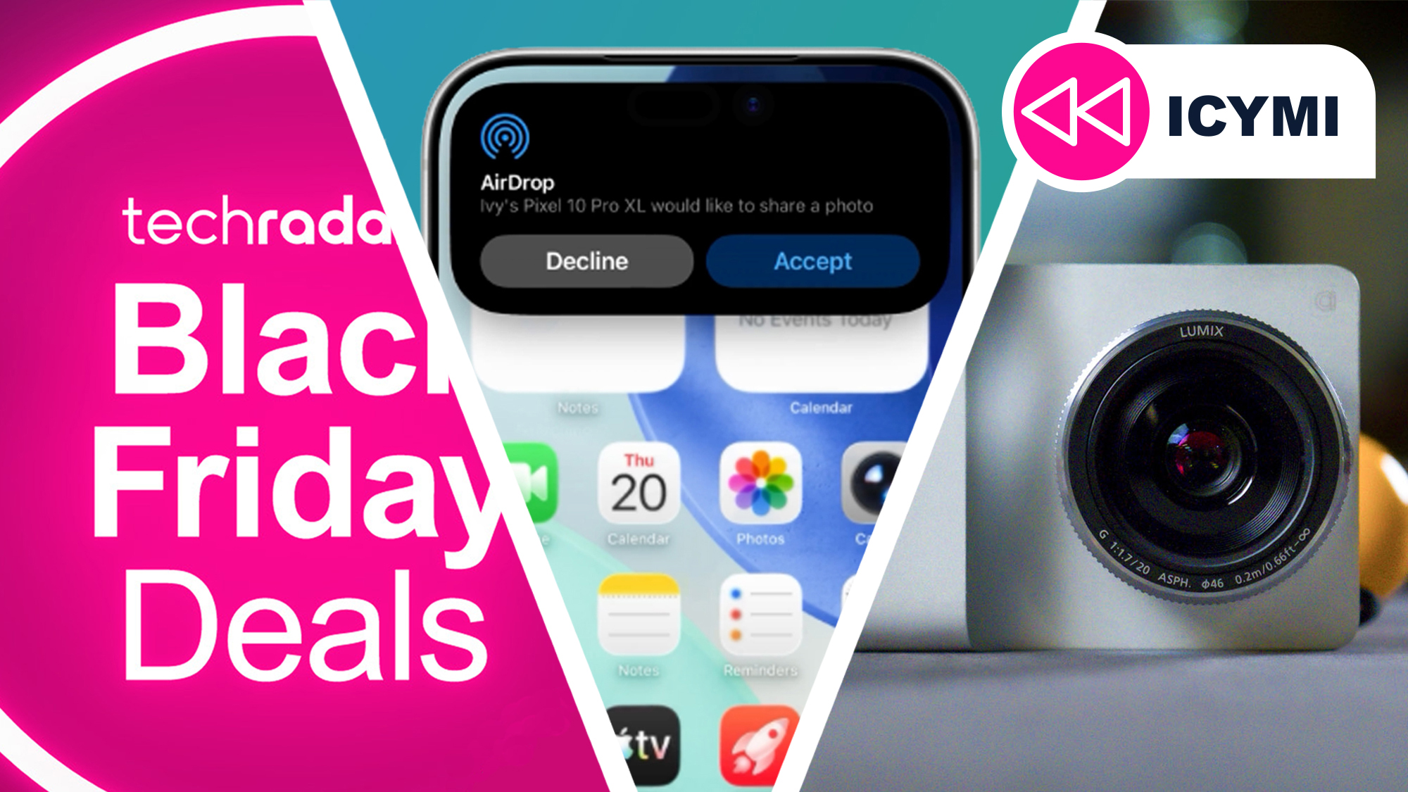 A Black Friday deals logo next to an iPhone on a blue and green background receiving an AirDrop file, next to a Caira camera on a pool table
